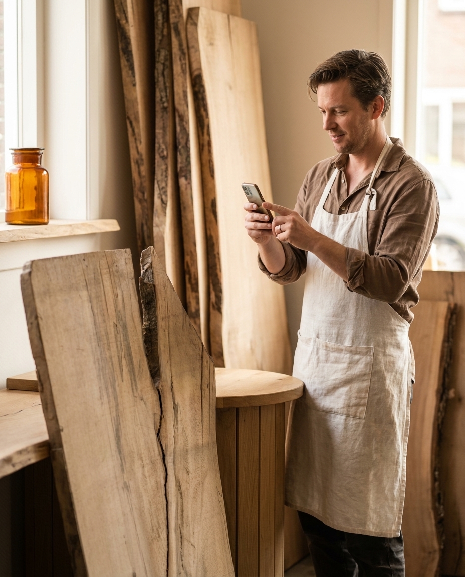 A maker at their storefront counter photographing a product